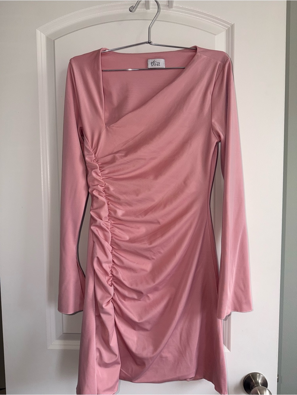 Oh Polly Rose Pink Ruched Long-Sleeve Wrap Dress